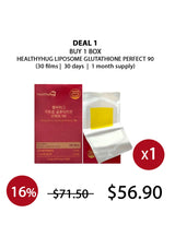 Promotional graphic for a HEALTHYHUG Liposome Glutathione Perfect 90 deal, showing one red box and one opened sachet with a yellow film patch on a white background, with text reading DEAL 1, BUY 1 BOX, and price $56.90.