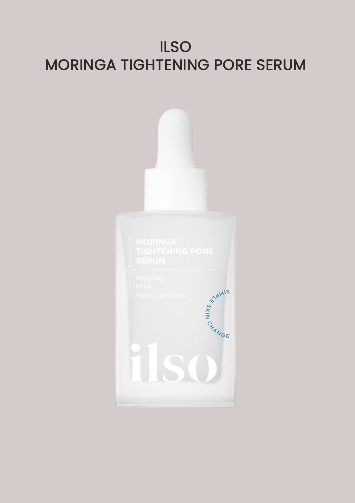 A bottle of ILSO Moringa Tightening Pore Serum with a white pump dispenser, on a plain background.