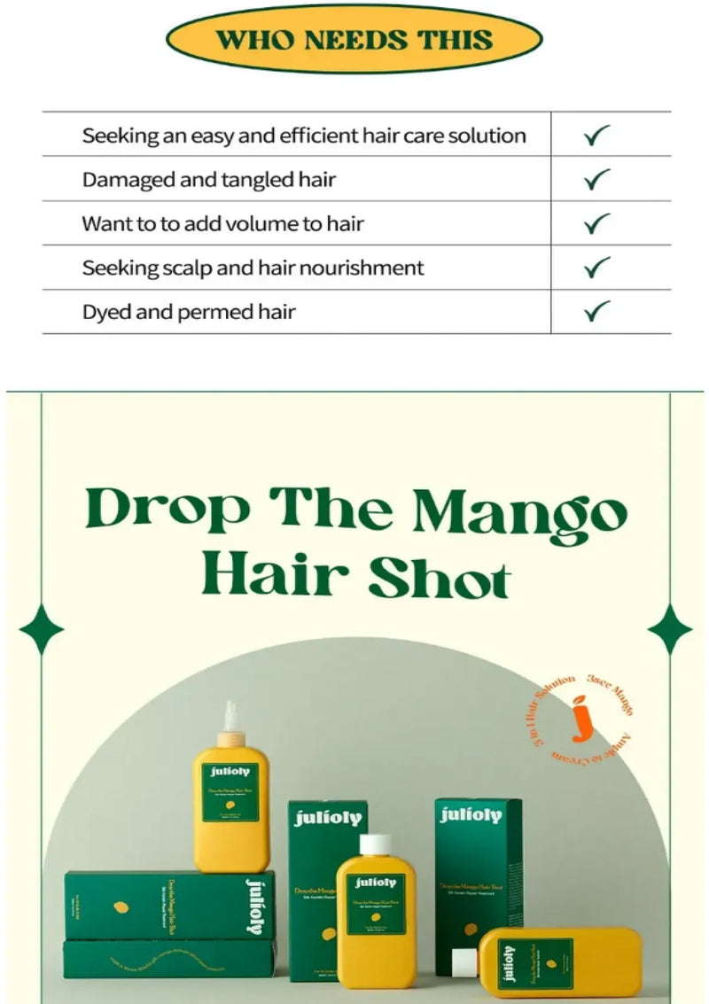 Advertisement for 'Drop The Mango Hair Shot' hair care products with a list of benefits.