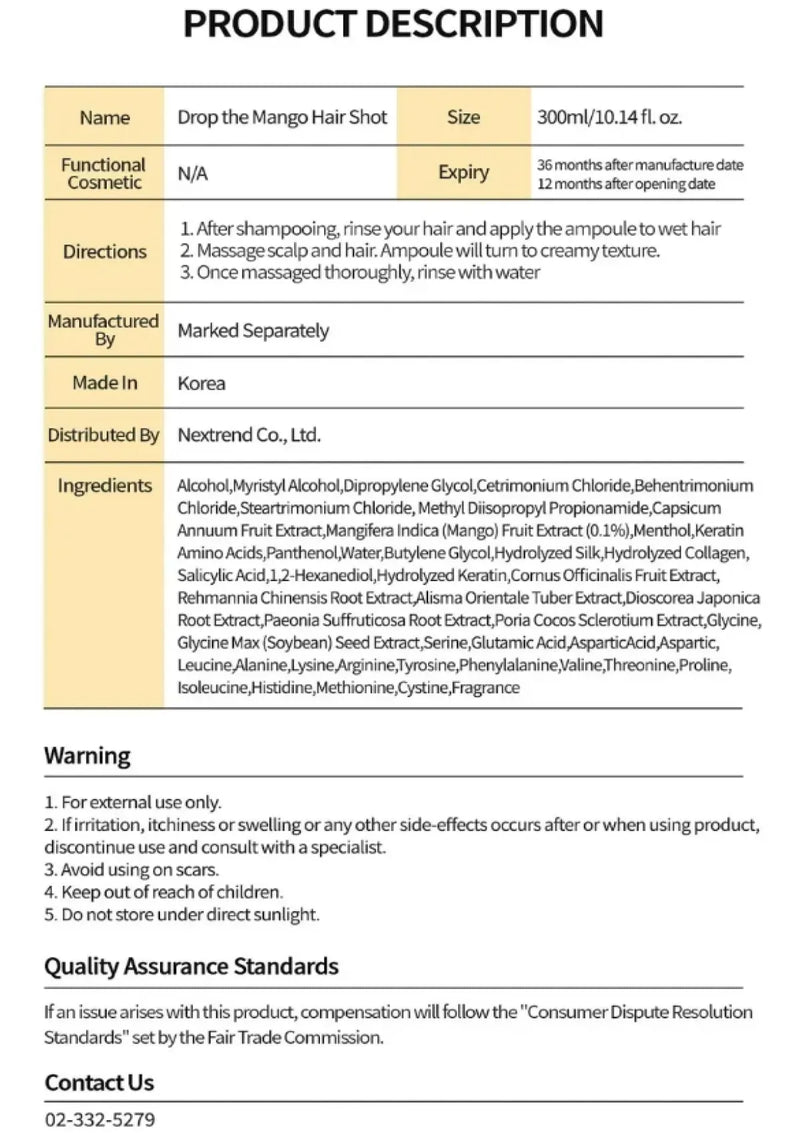 Product description sheet for a cosmetic item with details on usage, ingredients, and safety precautions.