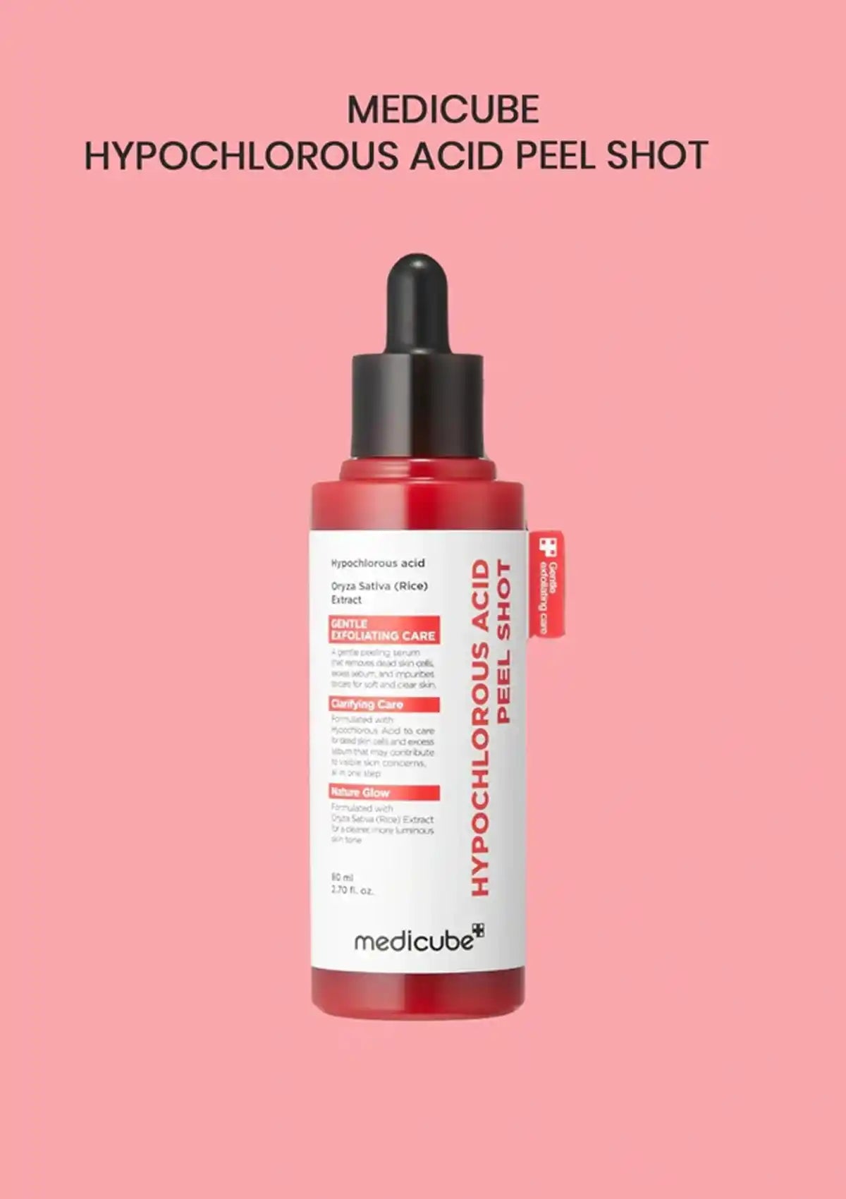 A bottle of Medicube Hypochlorous Acid Peel Shot centered on a solid pink background, with black text above reading 'MEDICUBE HYPOCHLOROUS ACID PEEL SHOT'. The product is a red bottle with a black dropper cap and a white label featuring red text and blocks.