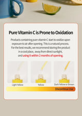 Product label warning about oxidation of pure vitamin C and storage instructions.