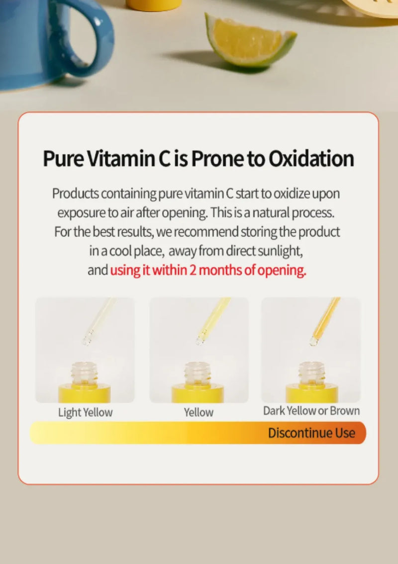 Product label warning about oxidation of pure vitamin C and storage instructions.