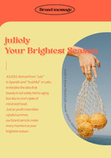 Promotional graphic for 'julioly' with a hand holding oranges and text about the brand's message.