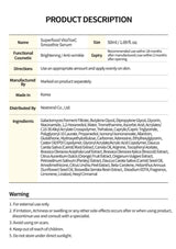 Product description sheet for Superfood VitaToxC Serum with details on size, expiration, usage, and ingredients.