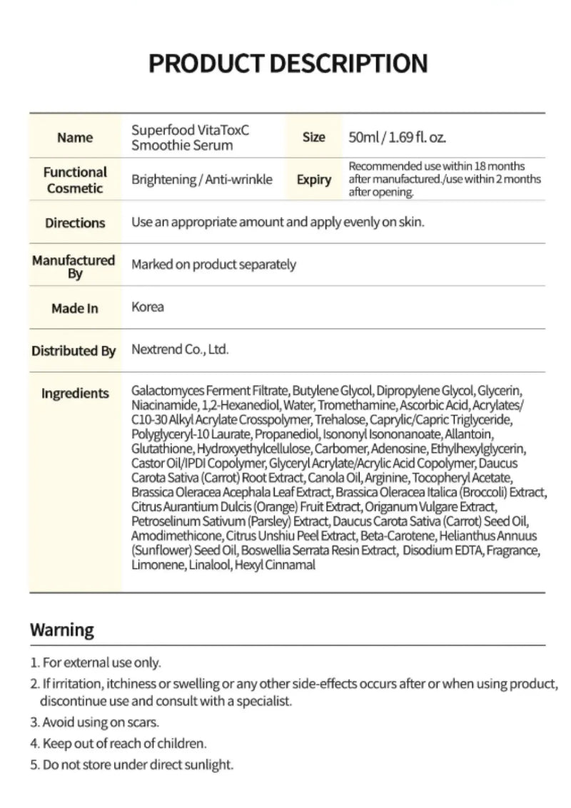 Product description sheet for Superfood VitaToxC Serum with details on size, expiration, usage, and ingredients.