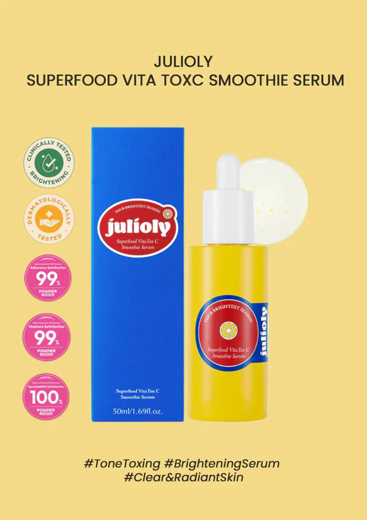 Julioly Superfood Vita Toxc Smoothie Serum with packaging on a yellow background