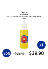 Yellow serum bottle with dropper labeled 'Julioly Superfood Vitatoc C Smoothie Serum' on a white background with promotional text.