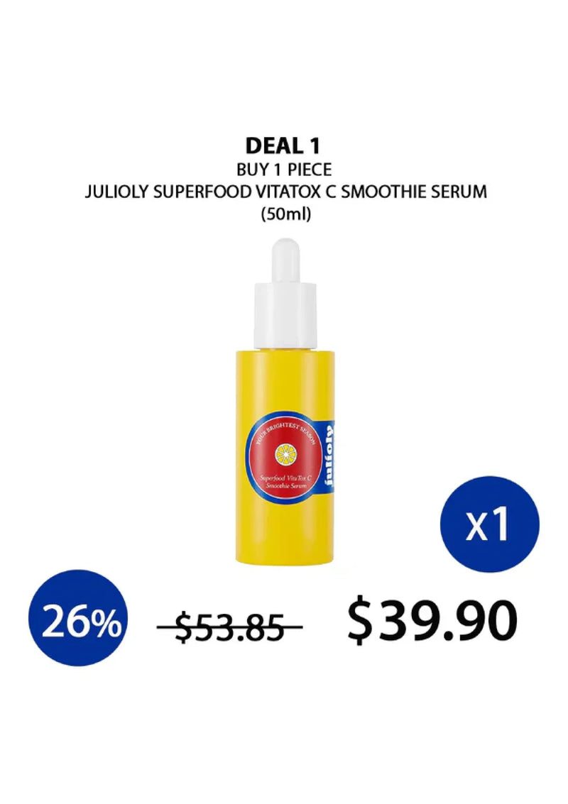 Yellow serum bottle with dropper labeled 'Julioly Superfood Vitatoc C Smoothie Serum' on a white background with promotional text.