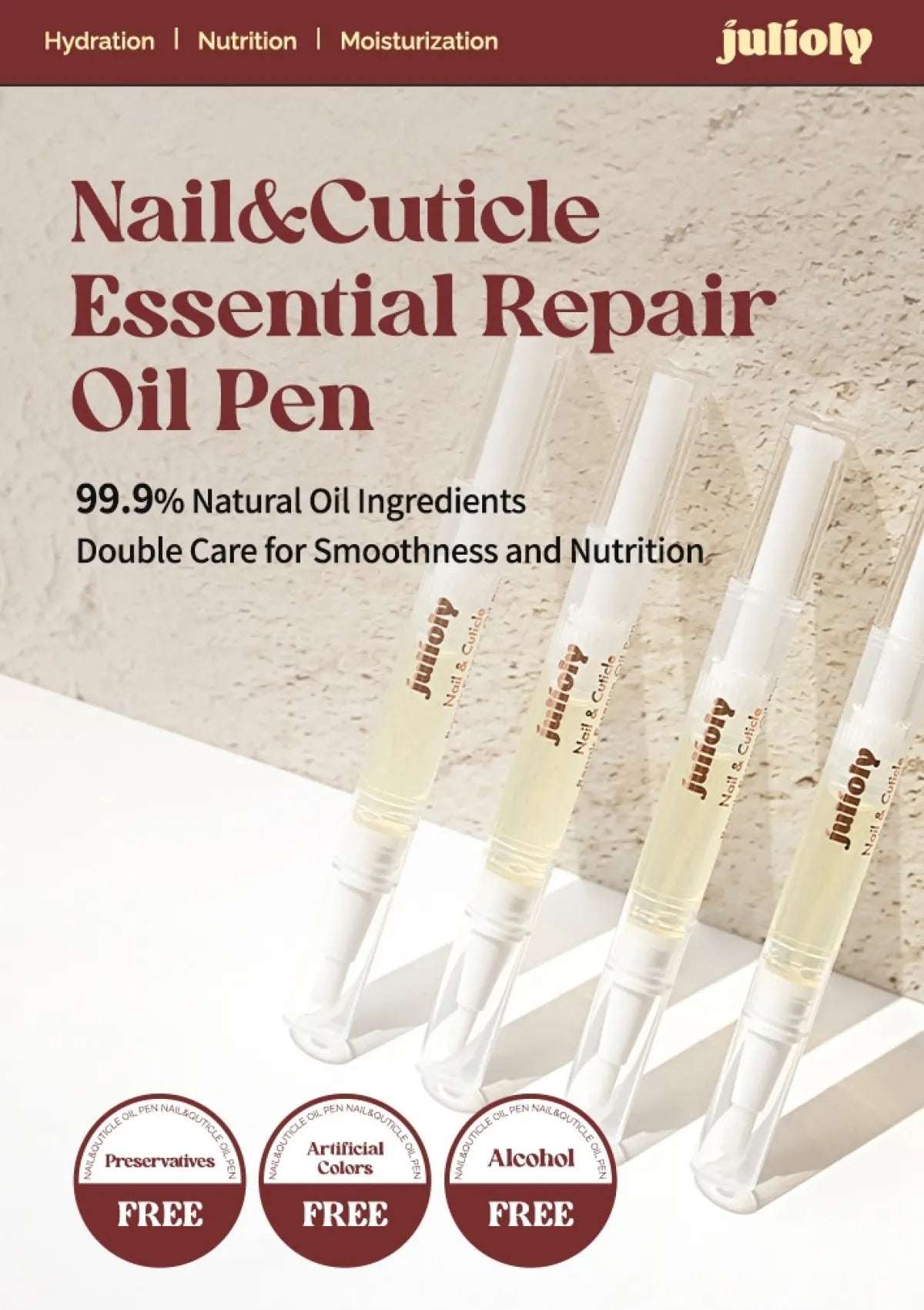 Advertisement for Julify Nail & Cuticle Essential Repair Oil Pen with product packaging and branding.