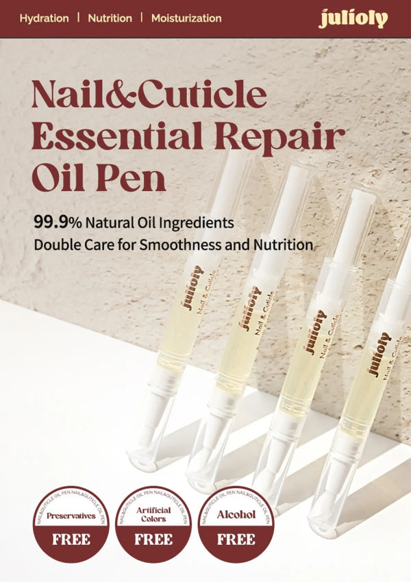 Advertisement for Julify Nail & Cuticle Essential Repair Oil Pen with product packaging and branding.
