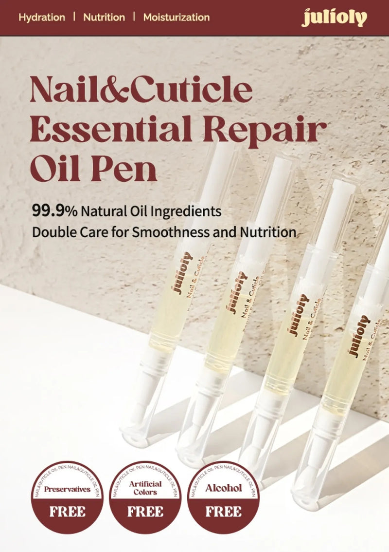 Advertisement for Julify Nail & Cuticle Essential Repair Oil Pen with product packaging and branding.