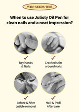 Instructions on when to use Julioly Oil Pen for nail care on a beige background