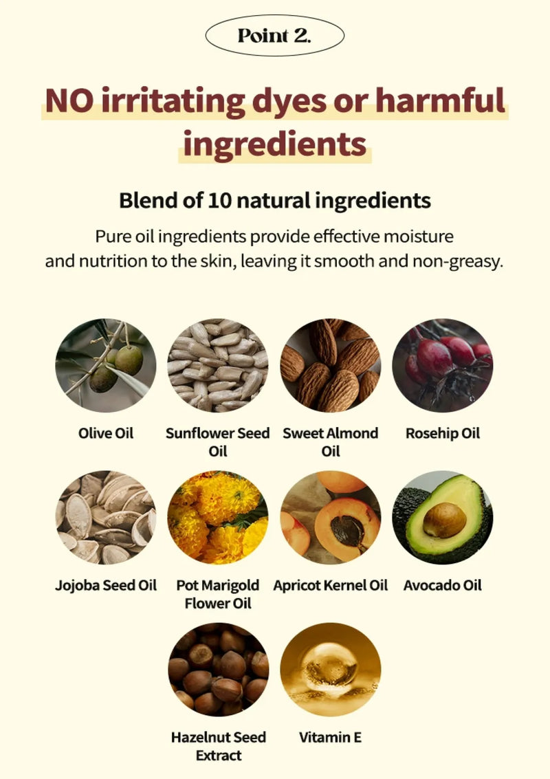List of natural ingredients used in a skincare product with images and text.