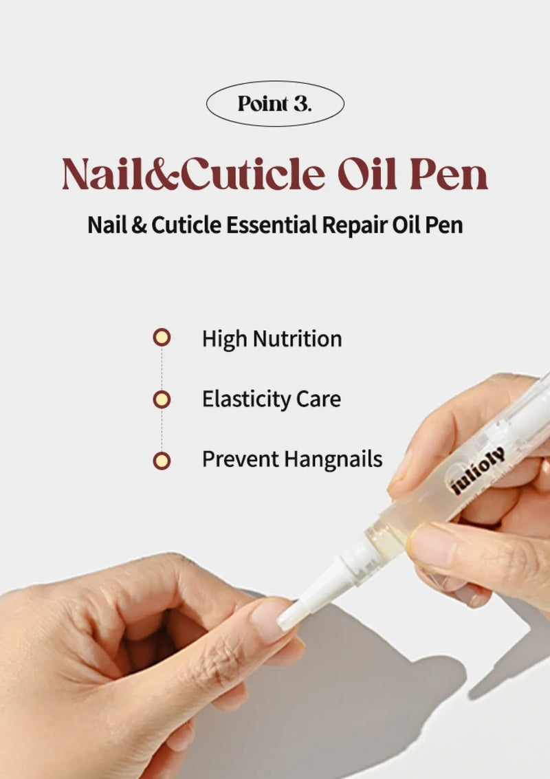Nail & Cuticle Oil Pen with text highlighting features on a white background