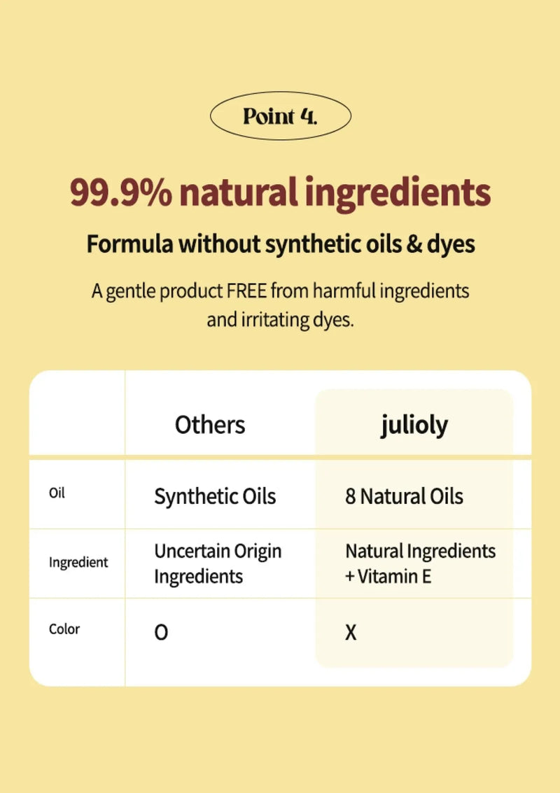Product label highlighting 99.9% natural ingredients and synthetic-free formula on a beige background.
