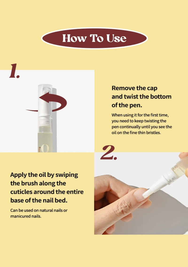 Instructions on how to use a nail care product with text and a visual of the product.