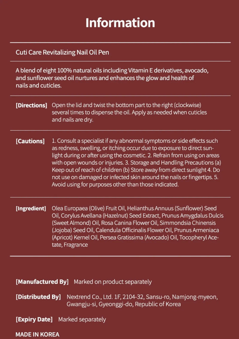 Product label for a cuticle care revitalizing nail oil pen with text on a red background