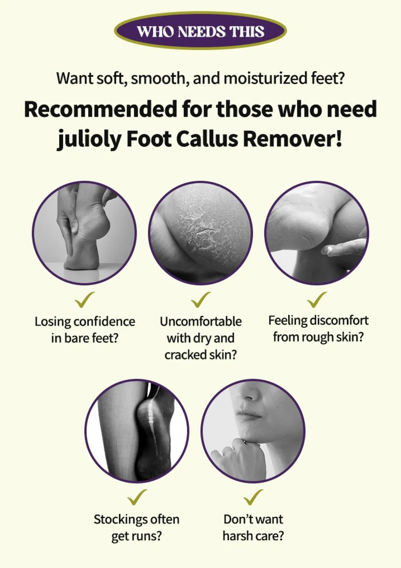 Advertisement for julioly Foot Callus Remover showing foot care issues and product recommendation.
