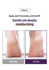 Before and after showing moisturizing effect on feet with text instructions.