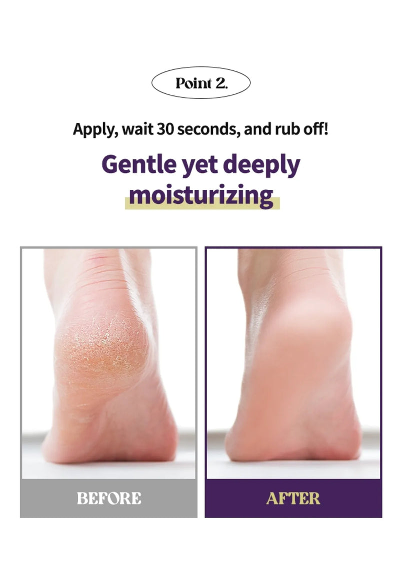 Before and after showing moisturizing effect on feet with text instructions.