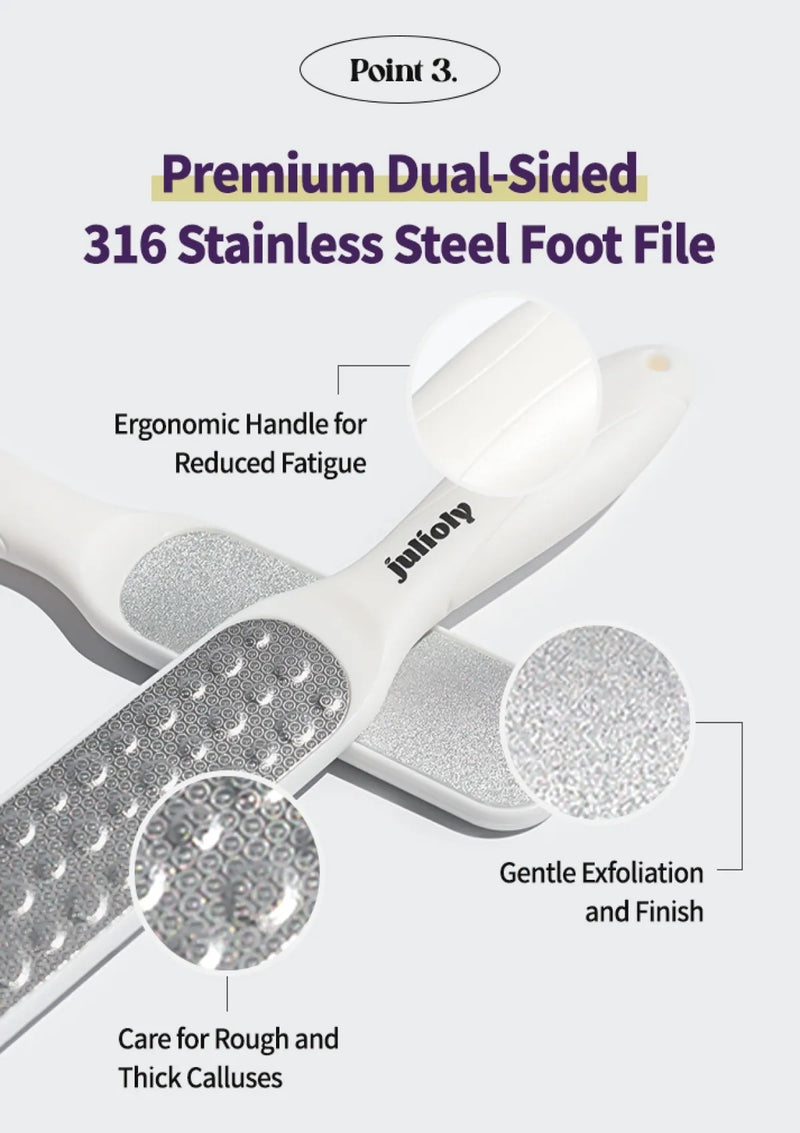 Foot file with text highlighting features on a white background
