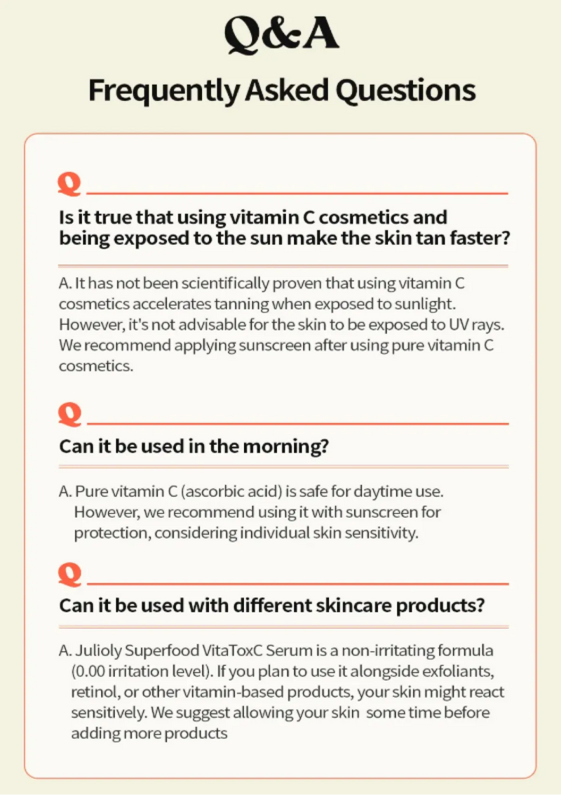 Q&A section about vitamin C cosmetics and sun exposure on a beige background
