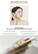 Advertisement for REJURAN Dual Effect Ampoule with a woman showing wrinkles and an ampoule bottle.