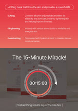 Promotional graphic for a skincare mask with text about lifting, brightening, and moisturizing effects, and a timer indicating 15 minutes.