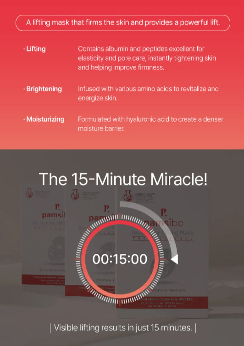 Promotional graphic for a skincare mask with text about lifting, brightening, and moisturizing effects, and a timer indicating 15 minutes.