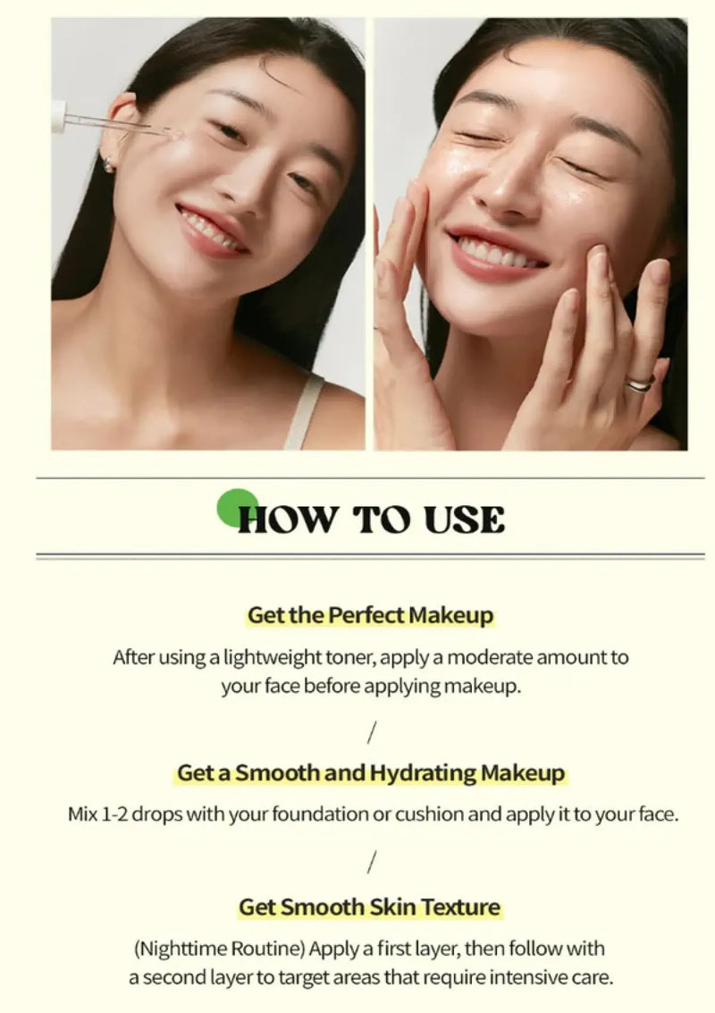 Instructions on how to use skincare products with a split-screen of a woman applying makeup.