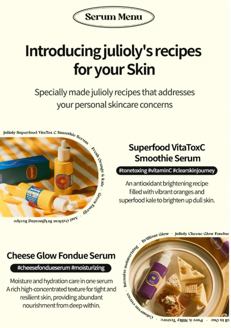 Advertisement for julioily skincare serums with product images and text.