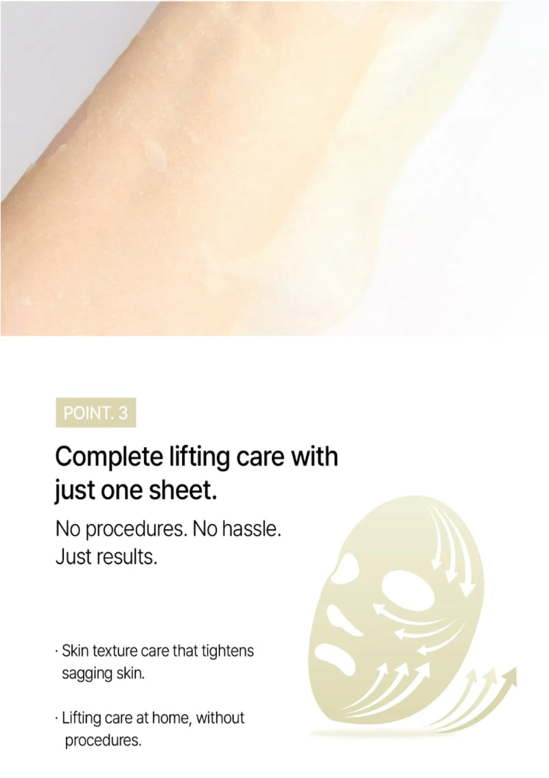 Product advertisement for a lifting care sheet with text and a mask graphic.