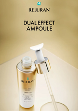 Rejuvenating serum bottle with dropper labeled 'Dual Effect Ampoule' by Rejuran on a beige background.