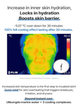Thermal imaging of a face with text about skin hydration and cooling effects.