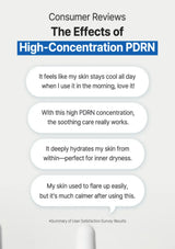 Consumer reviews of high-concentration PDRN on a light gray background