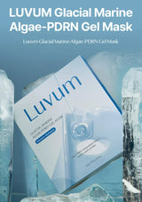 Luvum Glacial Marine Algae-PDRN Gel Mask packaging with ice cube background