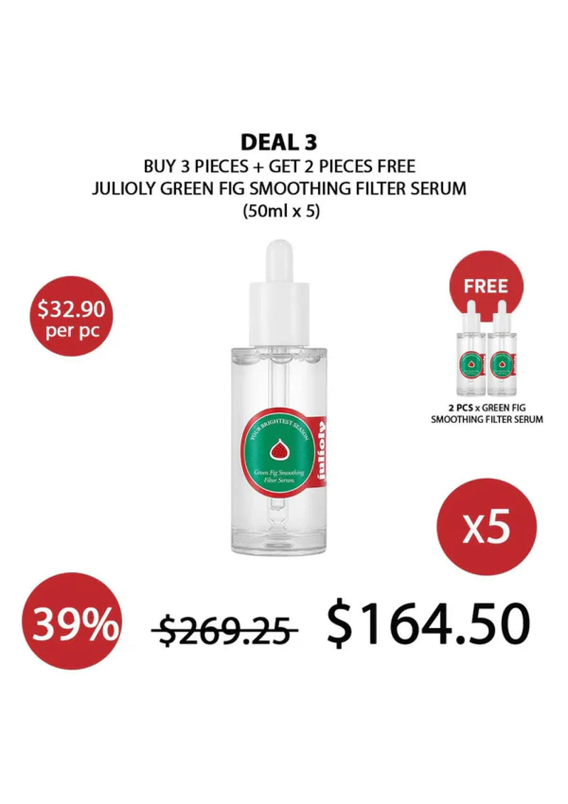 Promotional offer for Julioly Green Fig Smoothing Filter Serum with a discount on purchase quantity.