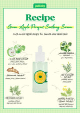 Advertisement for Green Apple Porefect Soothing Serum with ingredients and benefits on a green background.