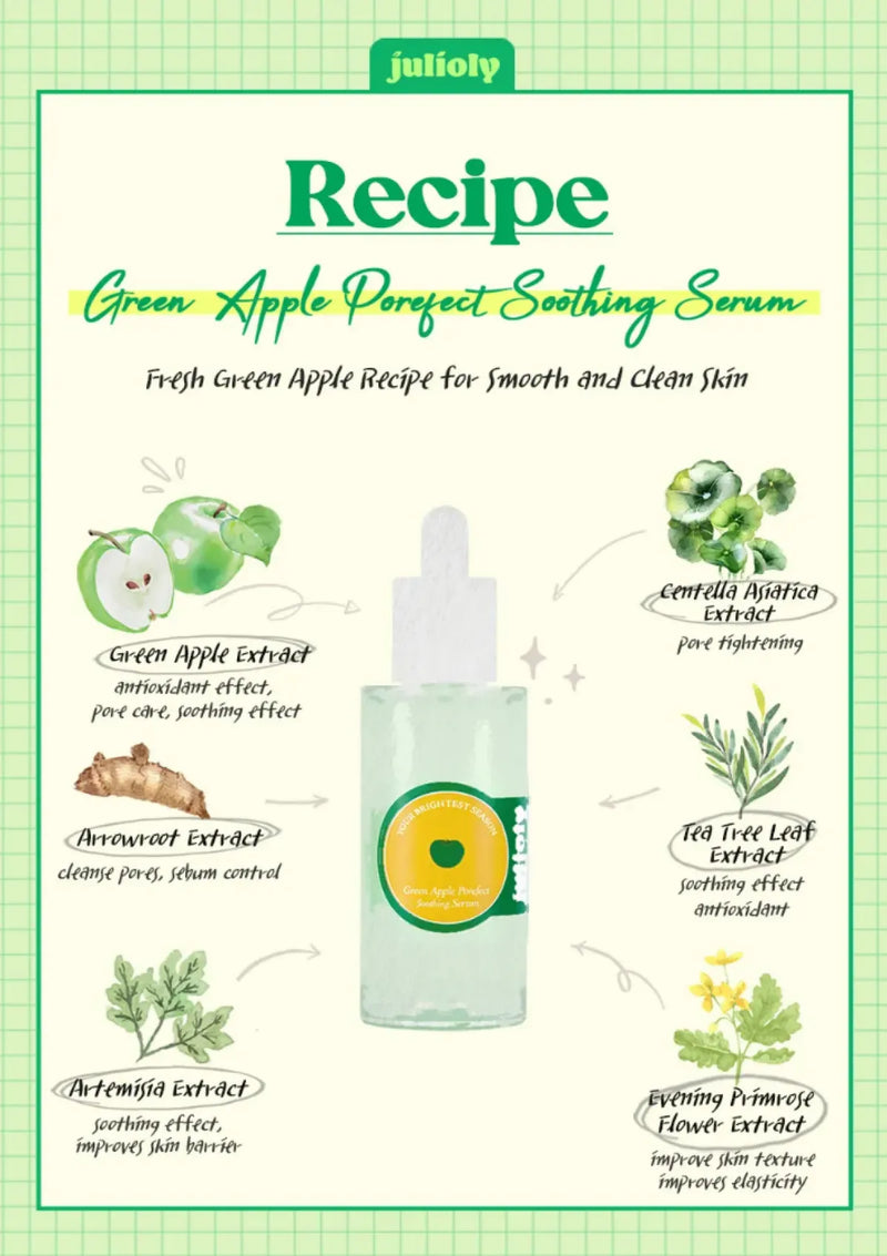 Advertisement for Green Apple Porefect Soothing Serum with ingredients and benefits on a green background.