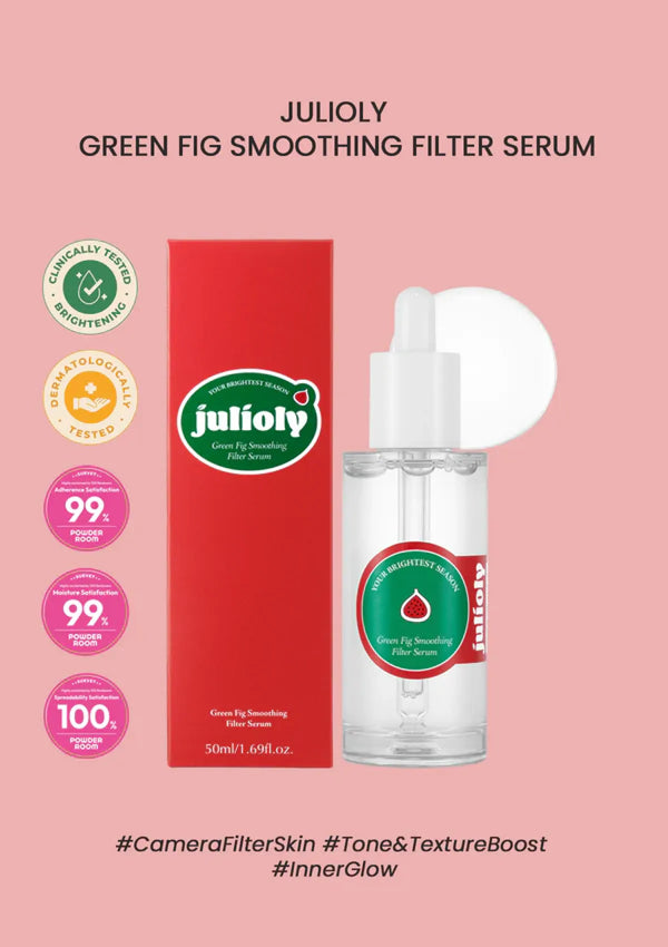 Julioly Green Fig Smoothing Filter Serum with packaging on a pink background