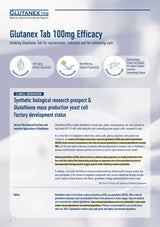 Brochure or flyer for Glutanex Tab 100mg Efficacy with text and icons on a white background
