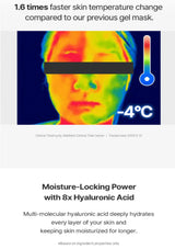 Thermal imaging of a face with text highlighting skin temperature change and moisture-locking power with hyaluronic acid.