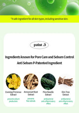 Product packaging with natural ingredients for pore care and sebum control on a green and white background.