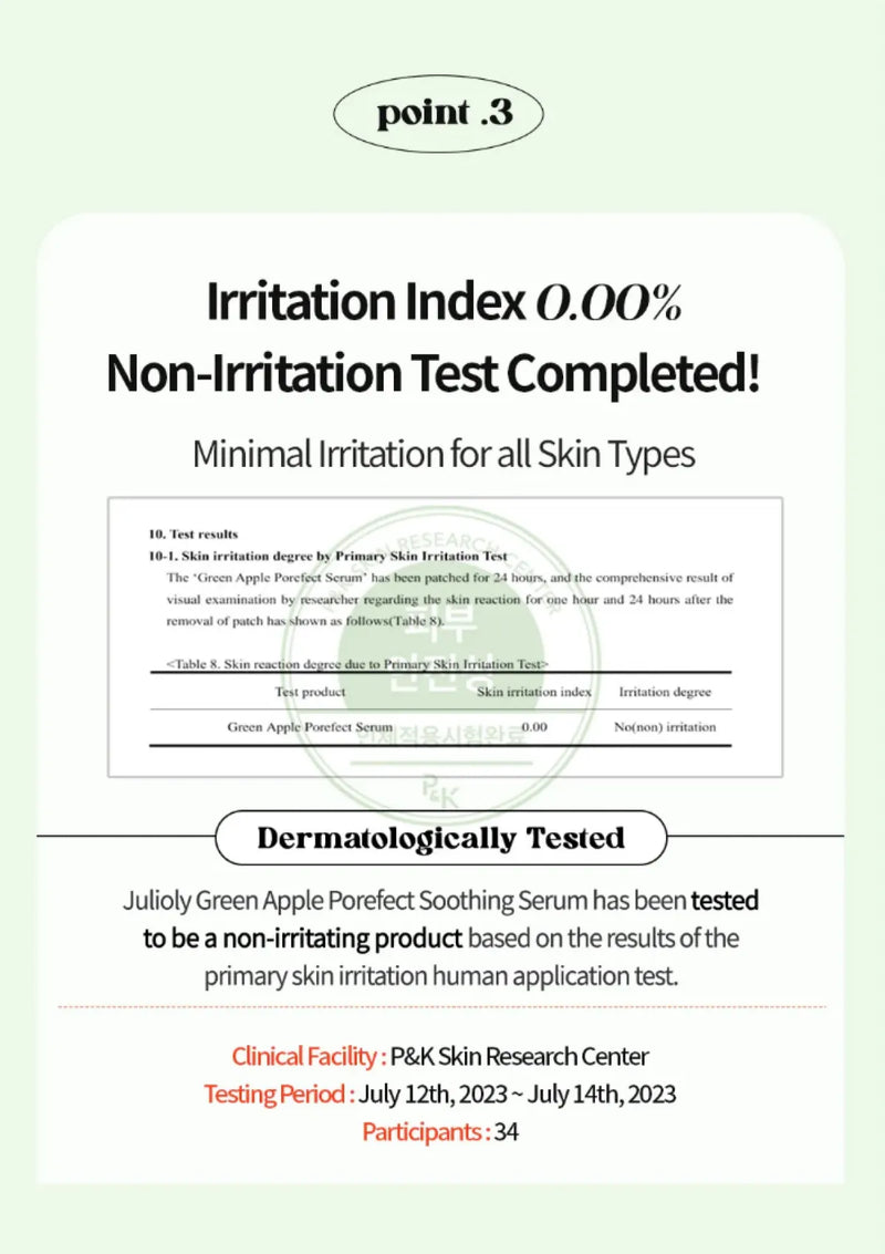 Certificate of non-irritation test for a skincare serum with minimal irritation for all skin types.