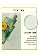 Green skincare product with a dropper and text describing texture and suitability for skin types.