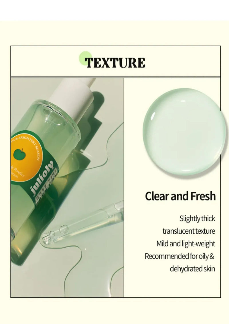 Green skincare product with a dropper and text describing texture and suitability for skin types.
