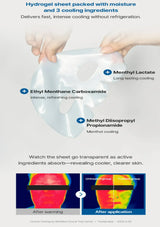 Hydrogel sheet with cooling ingredients and application process shown.