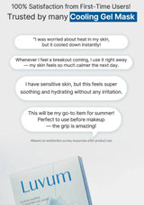 Promotional text for a cooling gel mask with customer testimonials and Luvum branding.