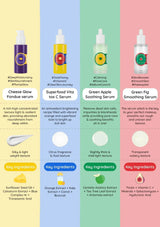 Four skincare serum bottles with colorful labels and text on a multicolored background